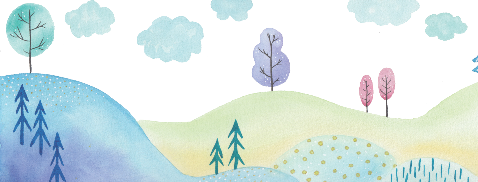 Illustrazione ad acquerello di colline colorate, alberi e nuvole